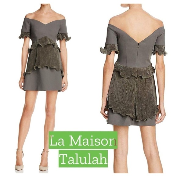 La Maison Talulah Off Shoulder Mini Dress olive green, ruffled, mixed media - Picture 1 of 11